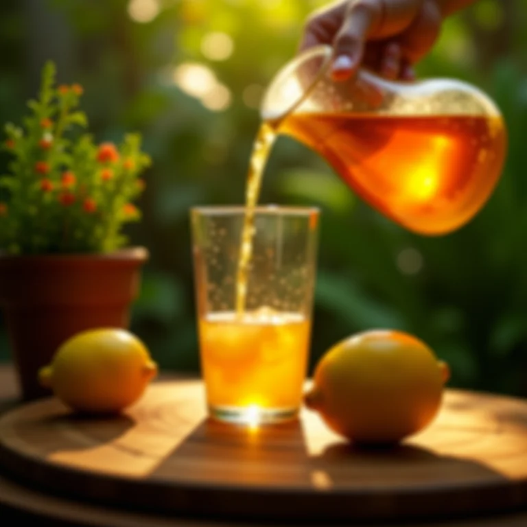 Chá de caju e limão sendo servido com jardim ao fundo.