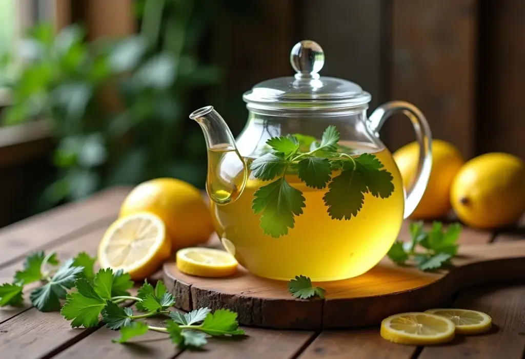 Chá de coentro com limão em mesa rústica.
