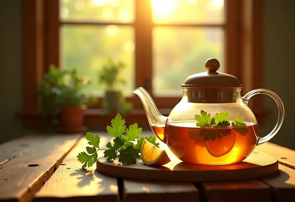 Chá de coentro com limão servido em mesa rústica