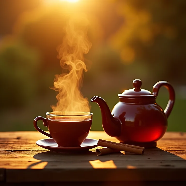 Chá de cupuaçu e canela ao lado de bule em formato de estômago.