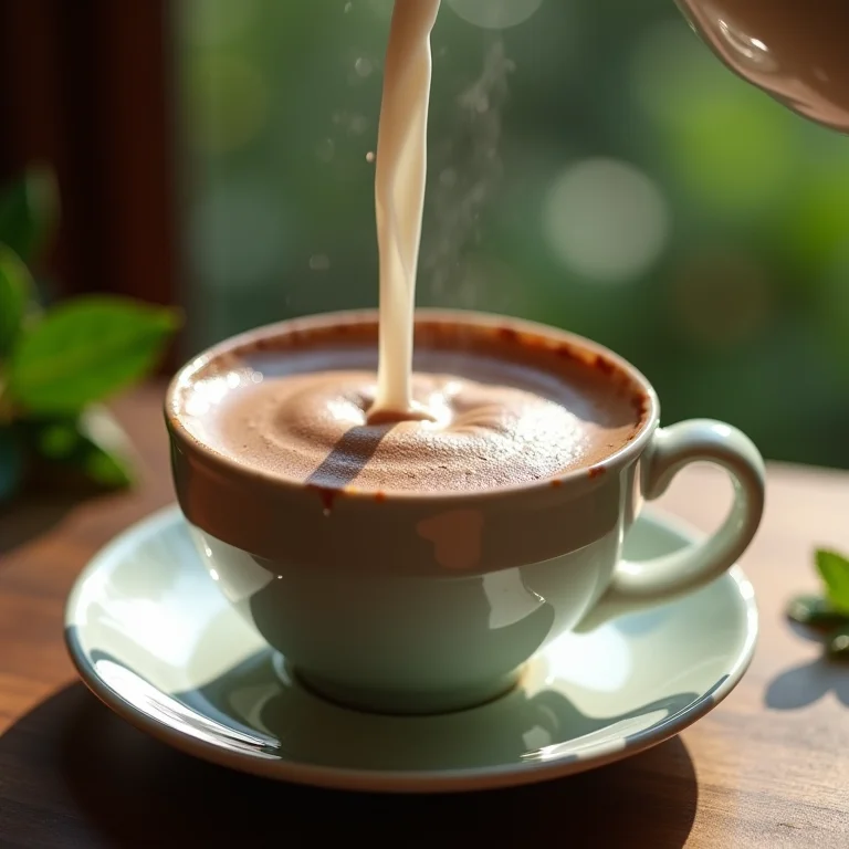 Chá de menta com chocolate cremoso: leite e espuma.