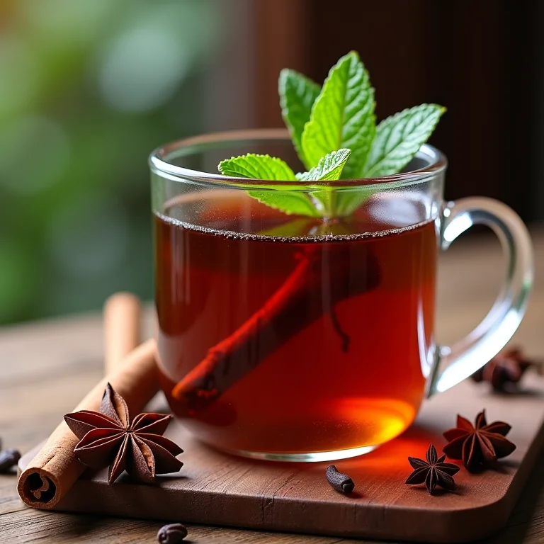 Chá de menta com chocolate e especiarias: canela, anis estrelado e cravo.