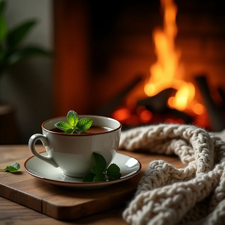Chá de menta com chocolate perto da lareira