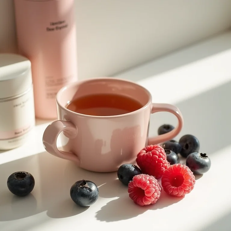 Chá de PariParoba com frutas vermelhas e produtos de skincare
