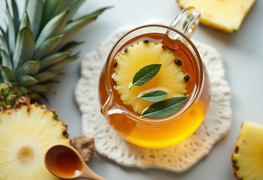 Chá de sálvia com abacaxi em uma mesa de madeira com ingredientes frescos.