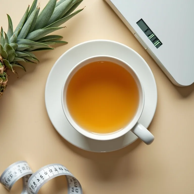 Chá de sálvia com abacaxi, fita métrica e balança para auxiliar na perda de peso.