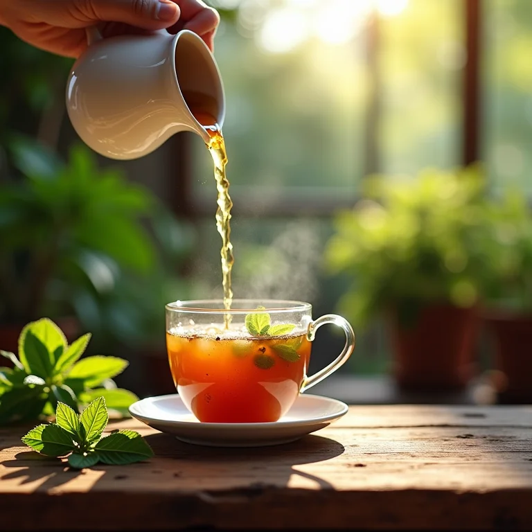 Chá de verbena sendo servido em cozinha rústica para ajudar na digestão.