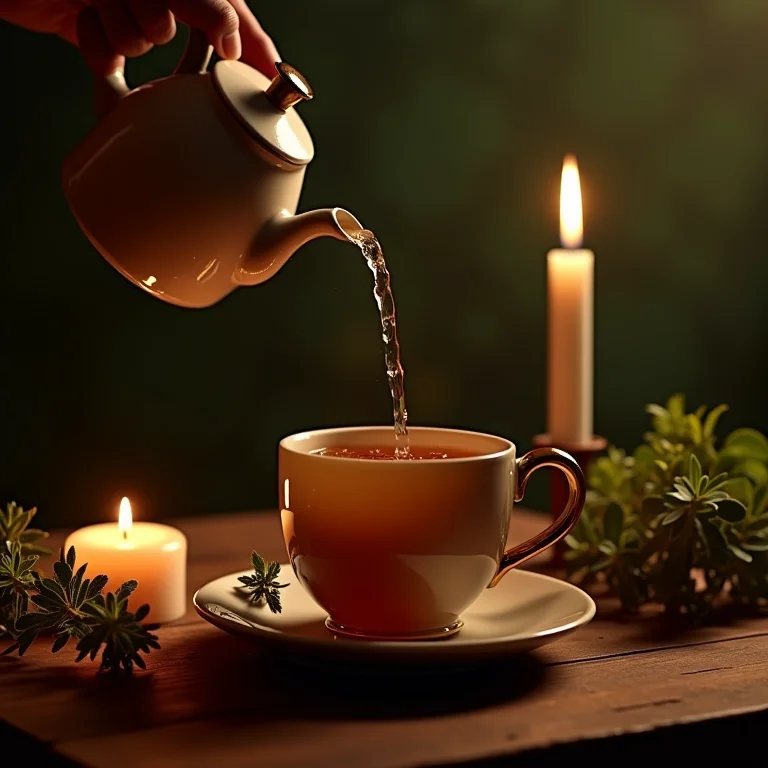 Chá de verbena sendo servido em quarto aconchegante para combater a insônia.