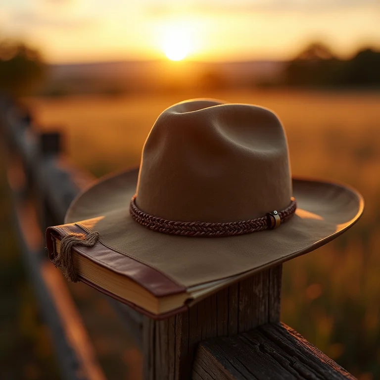 Chapéu de cowboy e caderno de anotações em uma cerca de madeira.