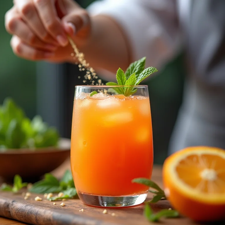 Chef adicionando um ingrediente secreto ao suco de acerola e laranja