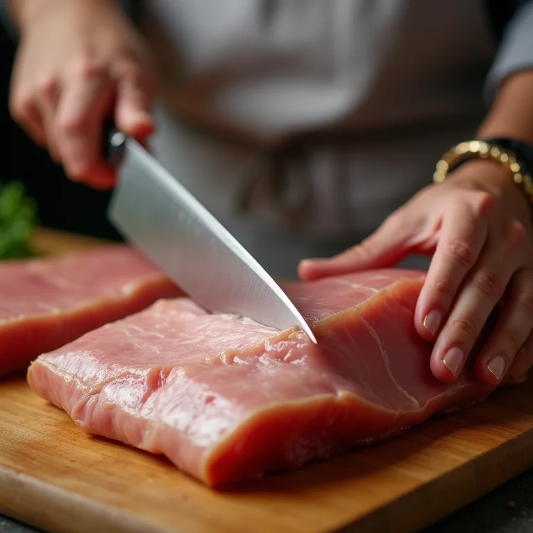 Chef profissional preparando torresmo com técnica impecável.