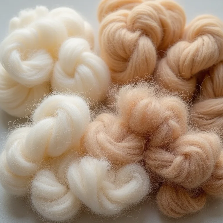 Close de diferentes texturas de lã de coelho angorá.