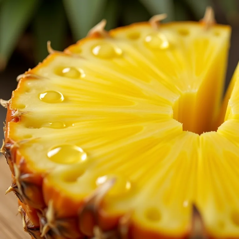 Close de rodelas de abacaxi com gotas de água.