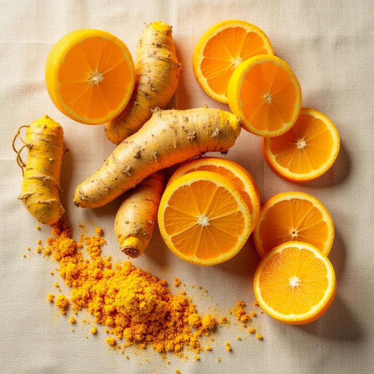 Close-up de açafrão fresco, açafrão em pó e laranjas.