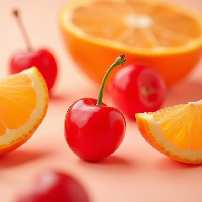 Close-up de acerolas e laranjas com cores vibrantes