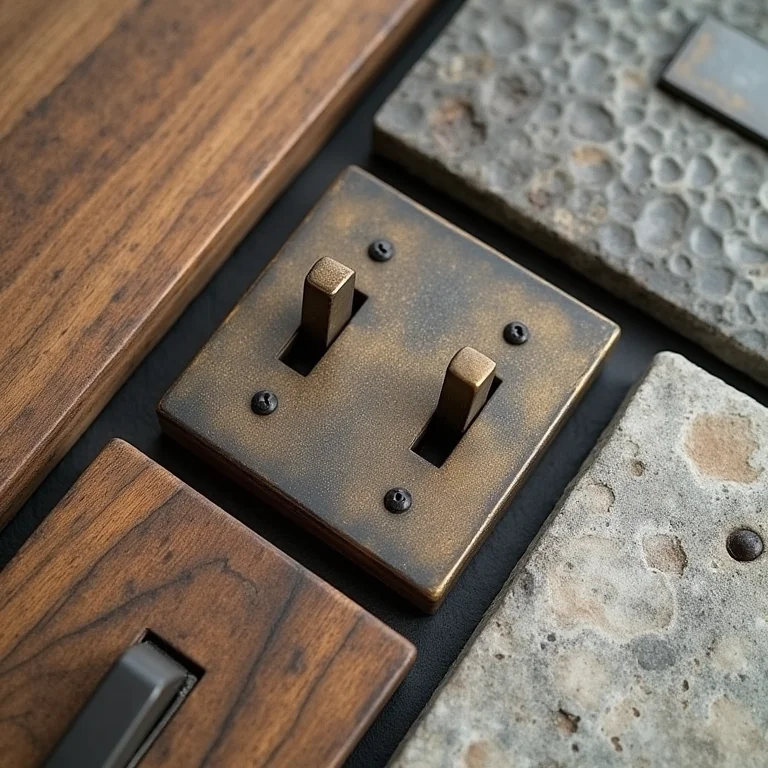 Close-up de materiais rústicos: madeira envelhecida, metal martelado e pedra natural para interruptores.