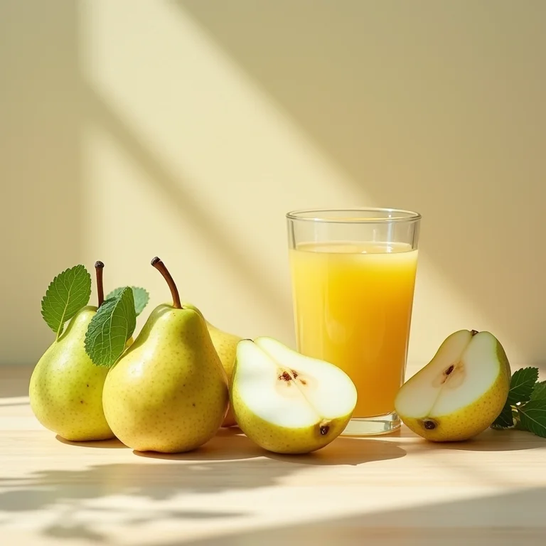 Close-up de peras frescas e suco de pera.