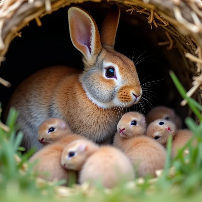 Coelha amamentando ninhada numerosa em toca.