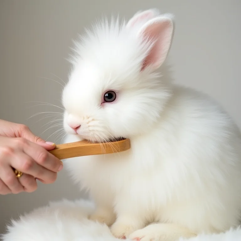Coelho Angorá branco com pelagem exuberante.