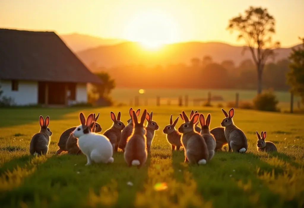 Coelhos na fazenda: o segredo para controlar a superpopulação Coelhos correndo livremente em uma fazenda ensolarada.