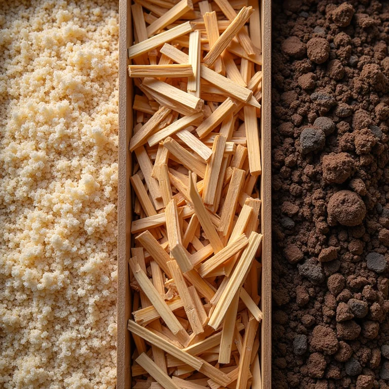 Comparativo de materiais para galinheiros: areia, serragem, palha e terra.