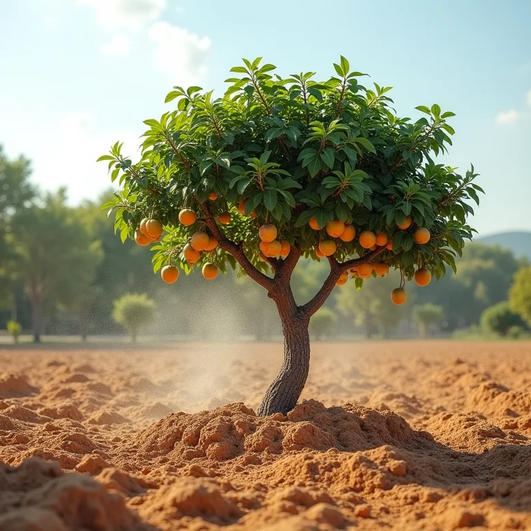 Comparativo entre solo seco e árvore frutífera exuberante graças à irrigação.