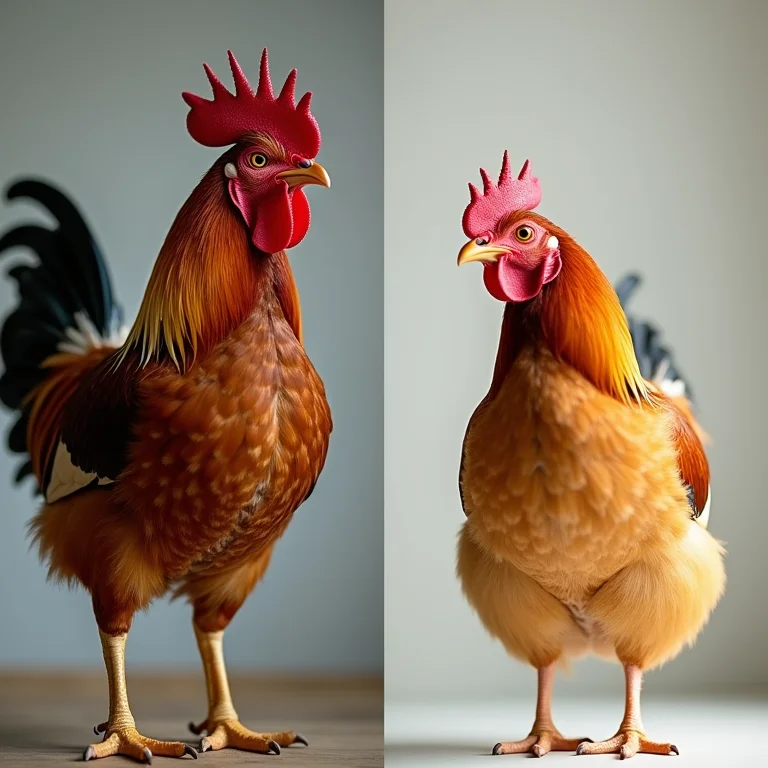 Comparativo visual entre Galo e Galinha Sebright.
