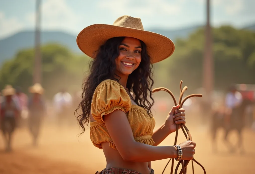 Competidora de Laço Comprido sorrindo confiante.