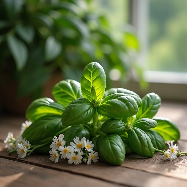 Composição de folhas de manjericão e flores brancas em mesa de madeira