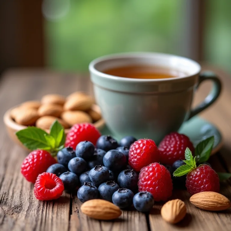 Composição de frutas vermelhas, amêndoas e chá de Pata de Vaca.