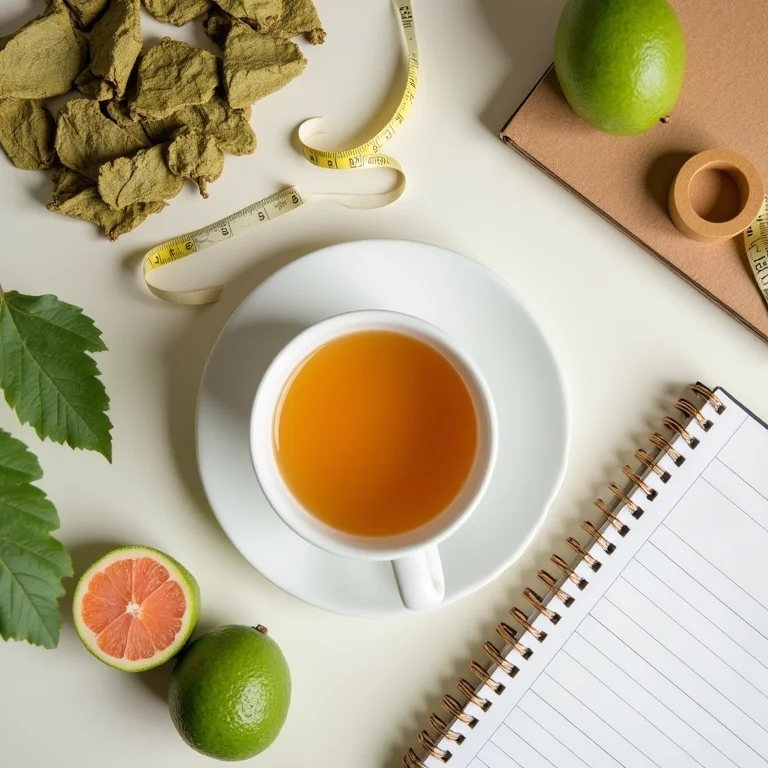 Composição minimalista com chá de folha de goiaba, fita métrica e frutas frescas.