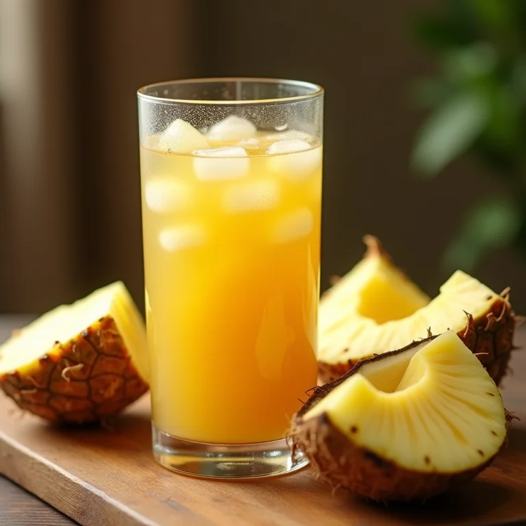 Copo de chá de abacaxi com coco com frutas ao lado.