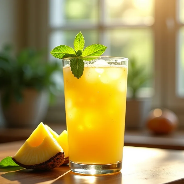 Copo de chá de abacaxi com coco e hortelã