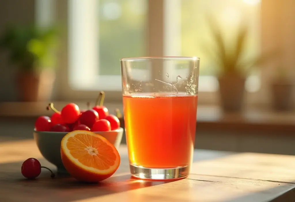 Chá de acerola com laranja: receita secreta para turbinar a imunidade Copo de chá de acerola com laranja em mesa de madeira rústica