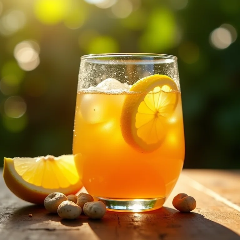 Copo de chá de caju com limão com gotas de condensação.