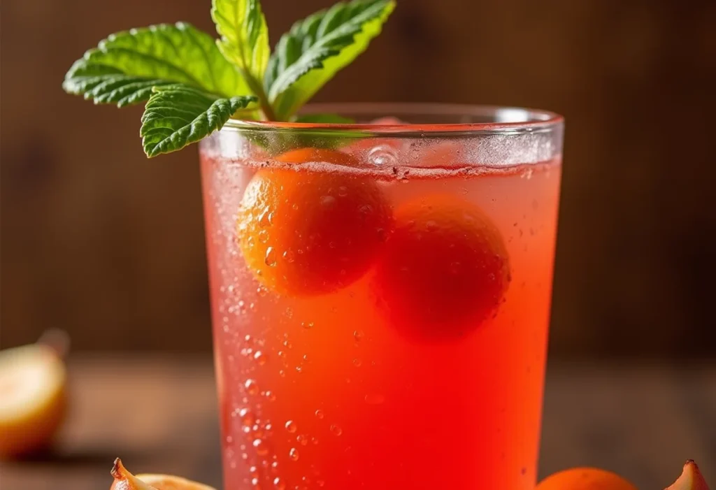 Suco de Acerola: O segredo para turbinar sua imunidade (e refrescar) Copo de suco de acerola fresco com frutas e hortelã.