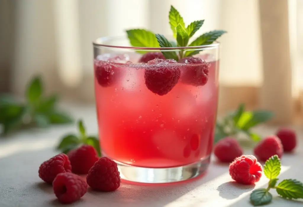 Copo de suco de framboesa com framboesas frescas e hortelã