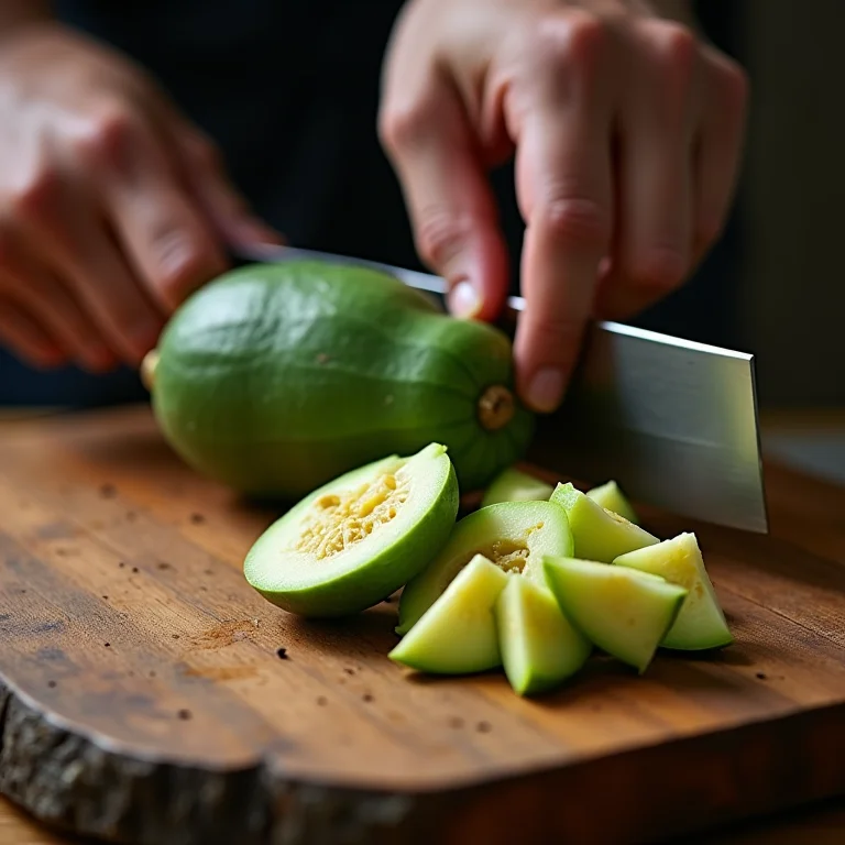 Cortando o mamão verde para o doce