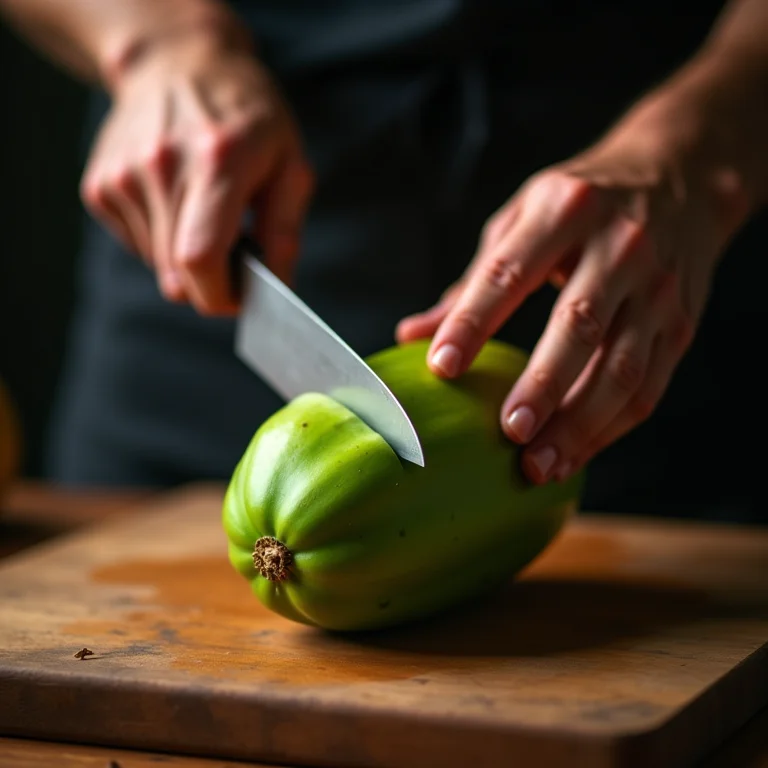 Corte preciso do mamão verde.