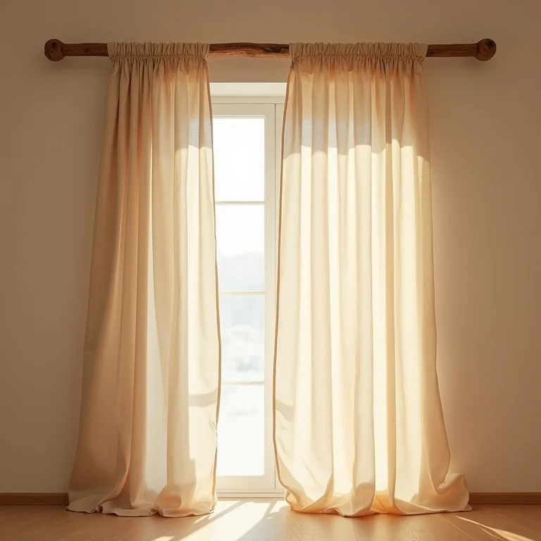 Cortina de chita simples pendurada em varão de madeira rústica