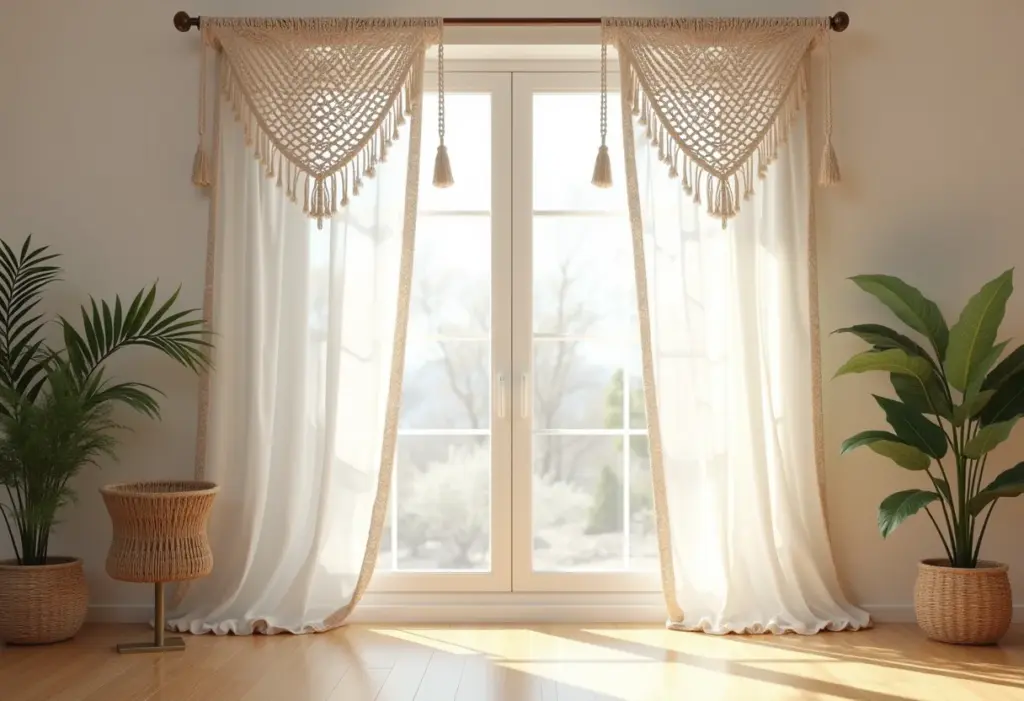 Cortina de macramê: o toque boho chic que sua casa merece Cortina de macramê em sala de estar boho chic