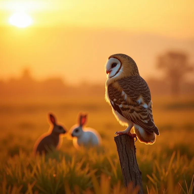 Coruja observando campo com coelhos ao longe.
