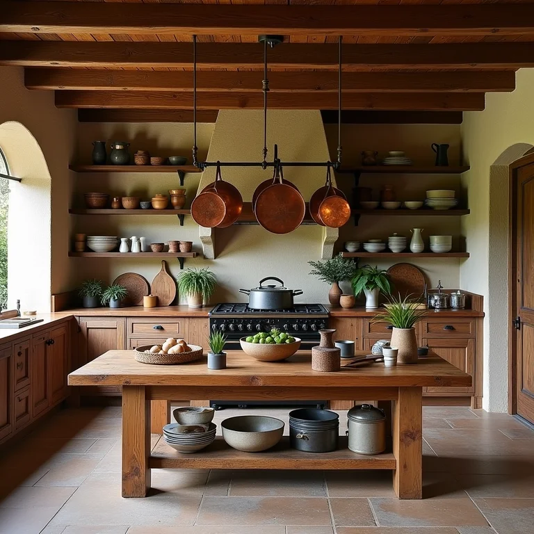 Cozinha rústica com fogão a lenha e móveis de fazenda