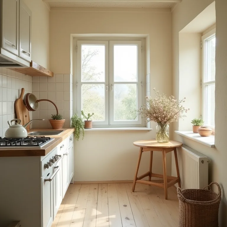 Cozinha rústica pequena com paredes claras e iluminação natural