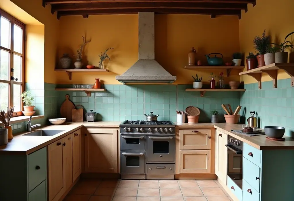 Cozinha rústica sendo renovada com azulejos pintados