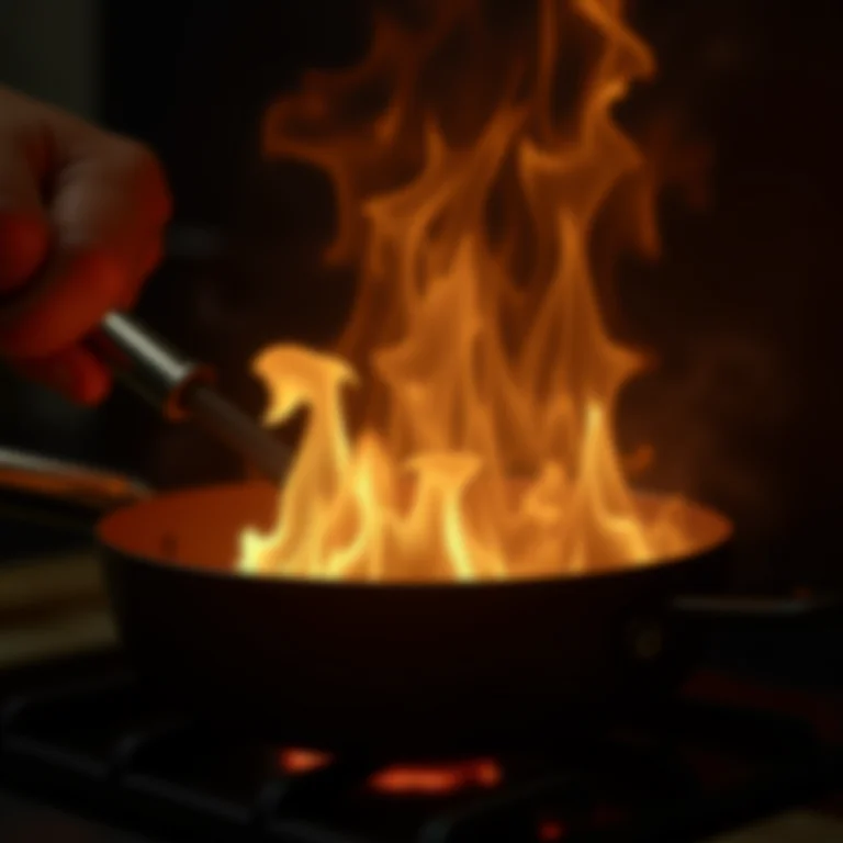 Cozinheiro flambando bananas com cuidado.