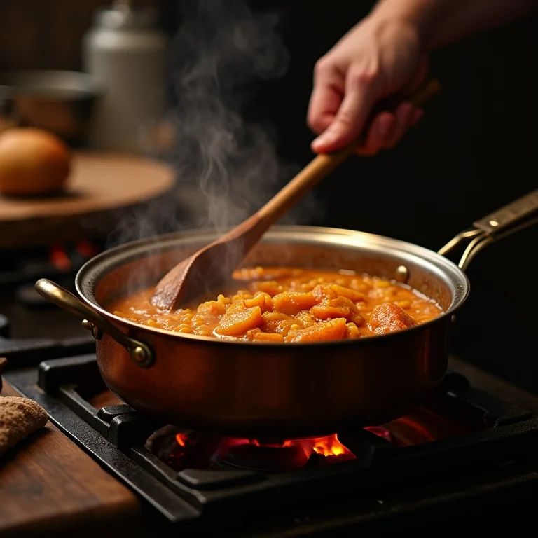 Cozinheiro preparando doce de caju em panela de cobre sobre fogão a lenha.