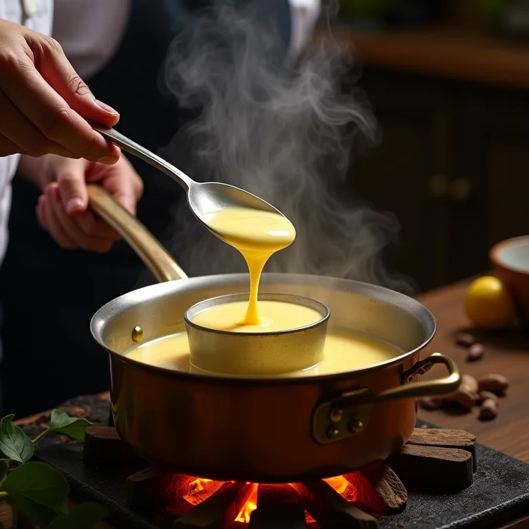 Creme patissiere sendo preparado em panela de cobre.