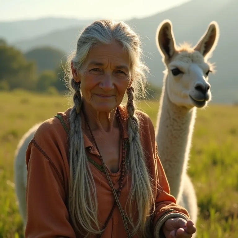 Criadora de lhamas indígena cuidando de filhote