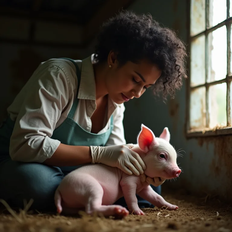 Criadora de porcos castrando leitão macho com cuidado.